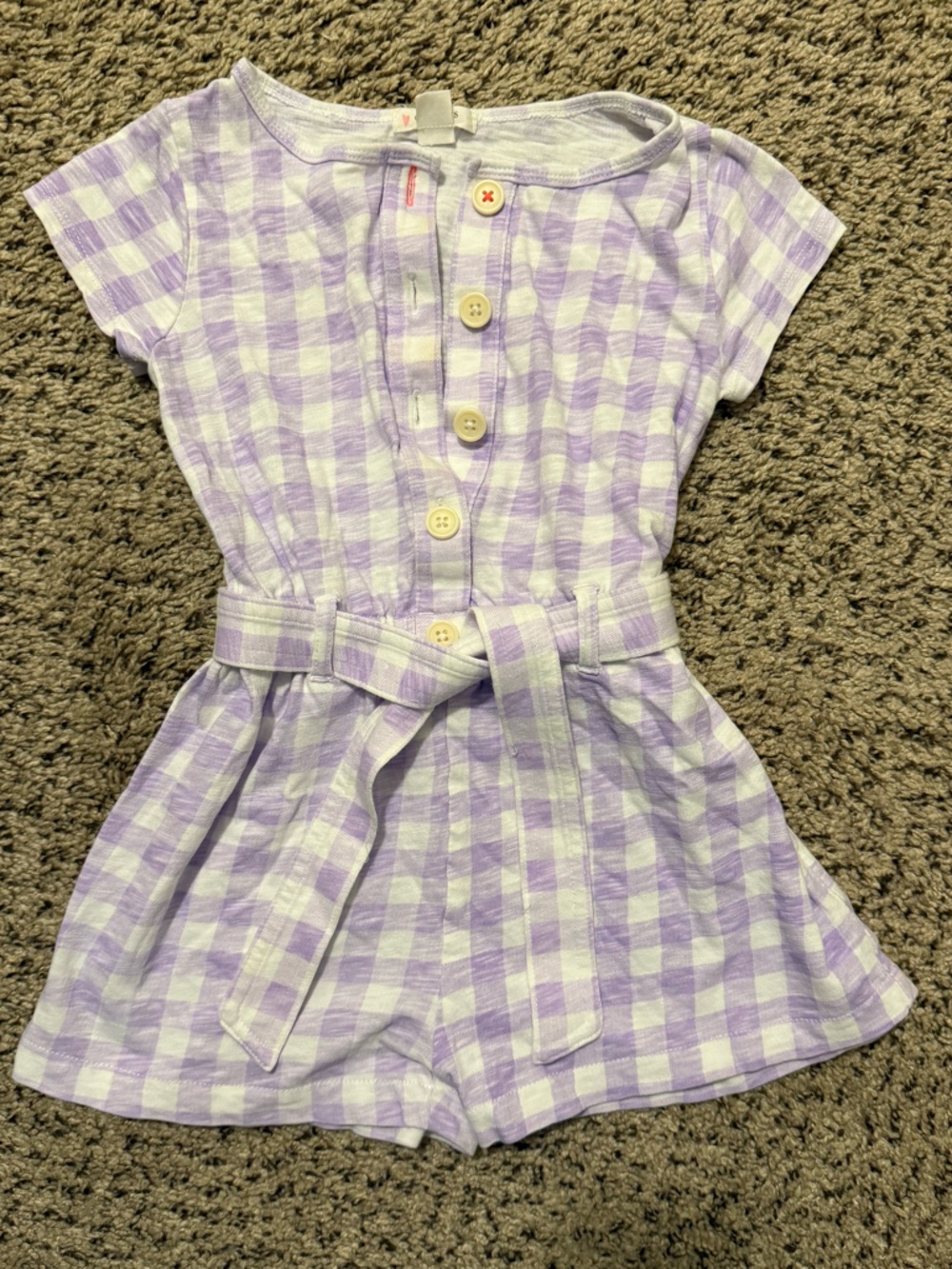 Crewcuts Girls Lavender Gingham Tie Waist Button Front Romper